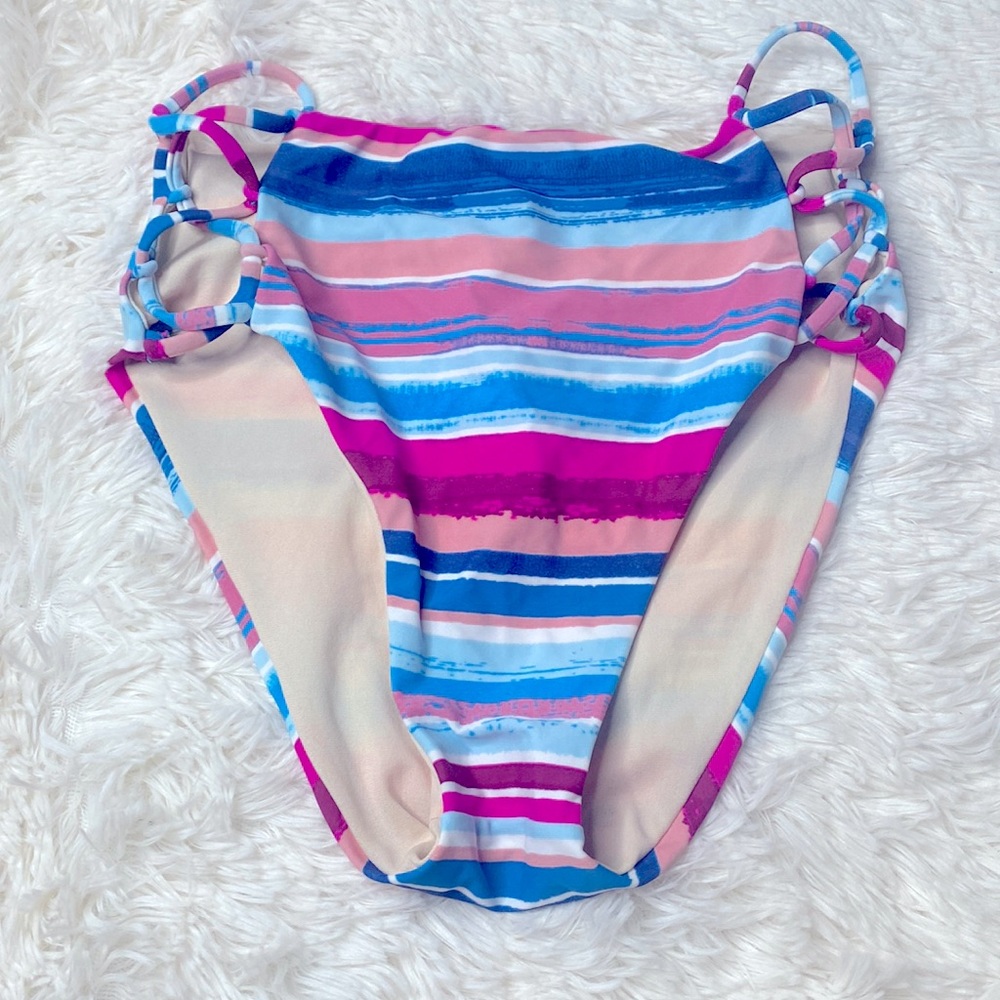 Vanilla Beach Pink Blue High Waisted Striped Bikini Bottoms Size Medium